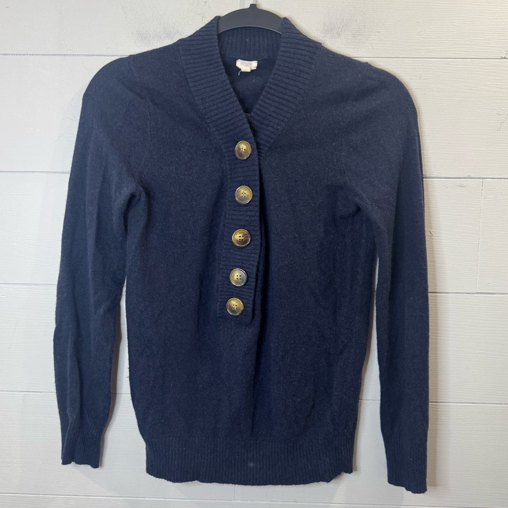 J. Crew | Wool Cashmere Blend Navy Blue Quarter Button-Up Women's Sweater Small